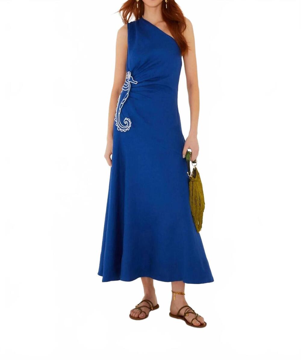 NEW FARM RIO one-shoulder maxi dress in blue seahorse